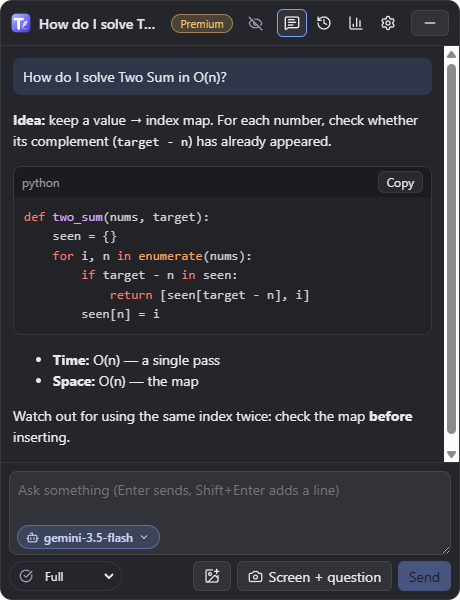 ThuccaAI answering a LeetCode question
