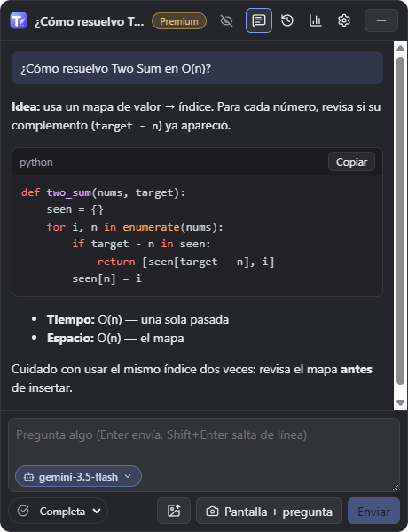 ThuccaAI respondiendo una pregunta de LeetCode